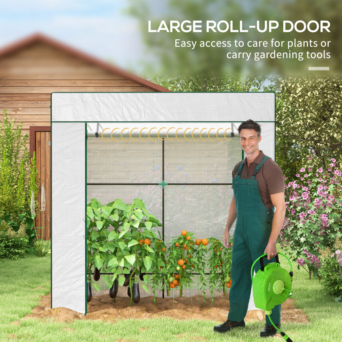 Outsunny Walk-In Lean-to Garden Greenhouse with Roll-Up Door and 2 Mesh Windows, White