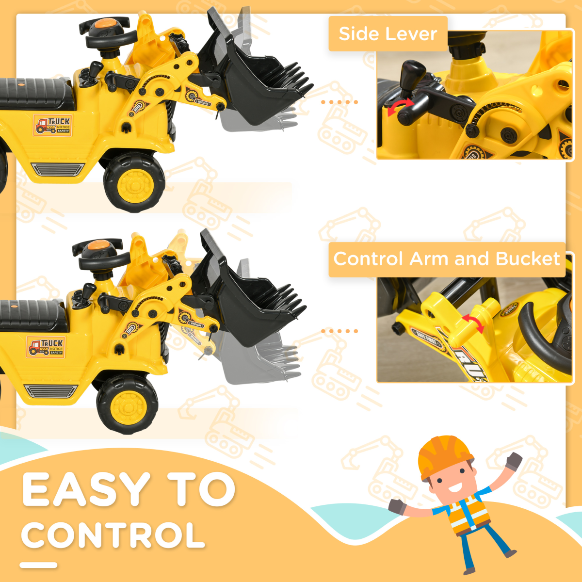 HOMCOM Ride-On Bulldozer Toddler Scooter with Storage Cart