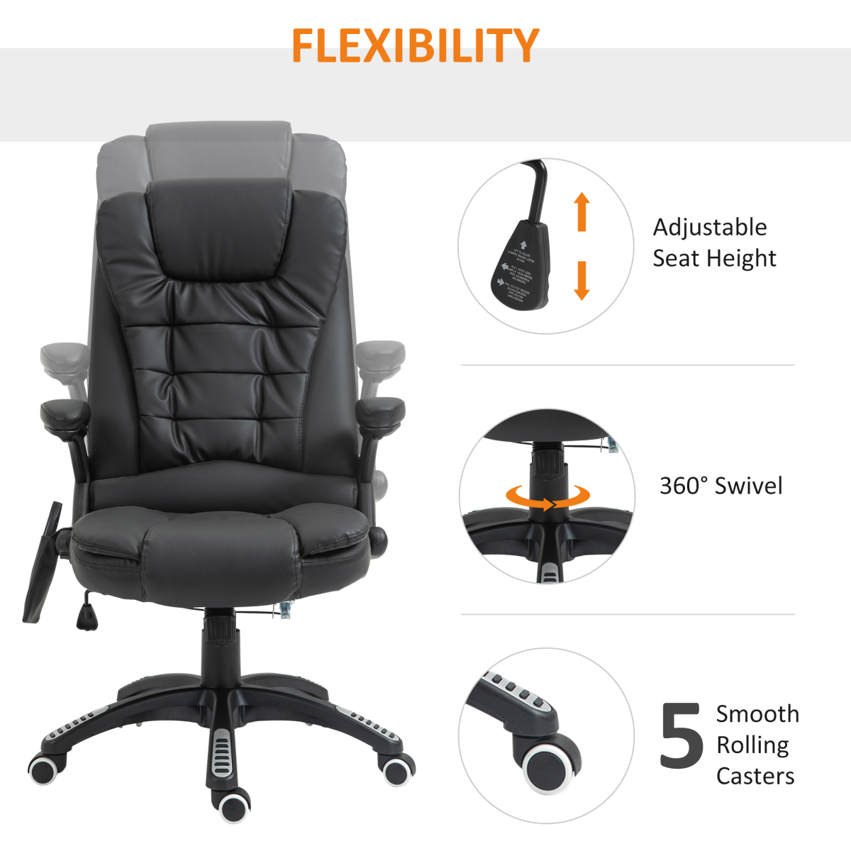 Black PU Leather Executive Reclining Office Chair with Massage & Heat
