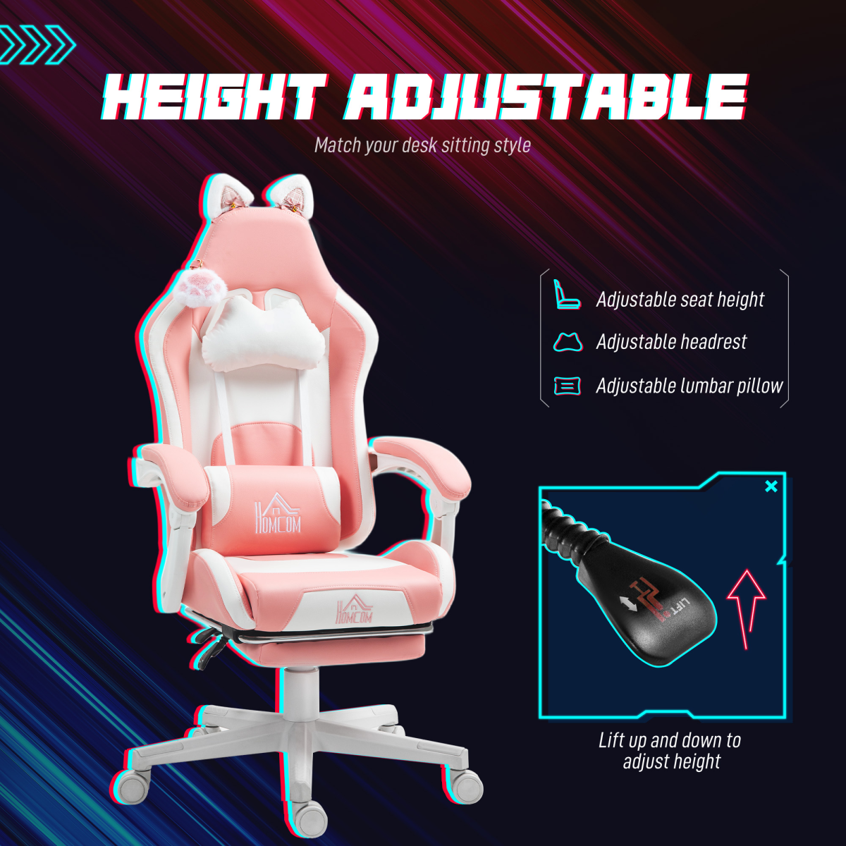 HOMCOM Pink Gaming Chair with Footrest, Reclining Computer Chair