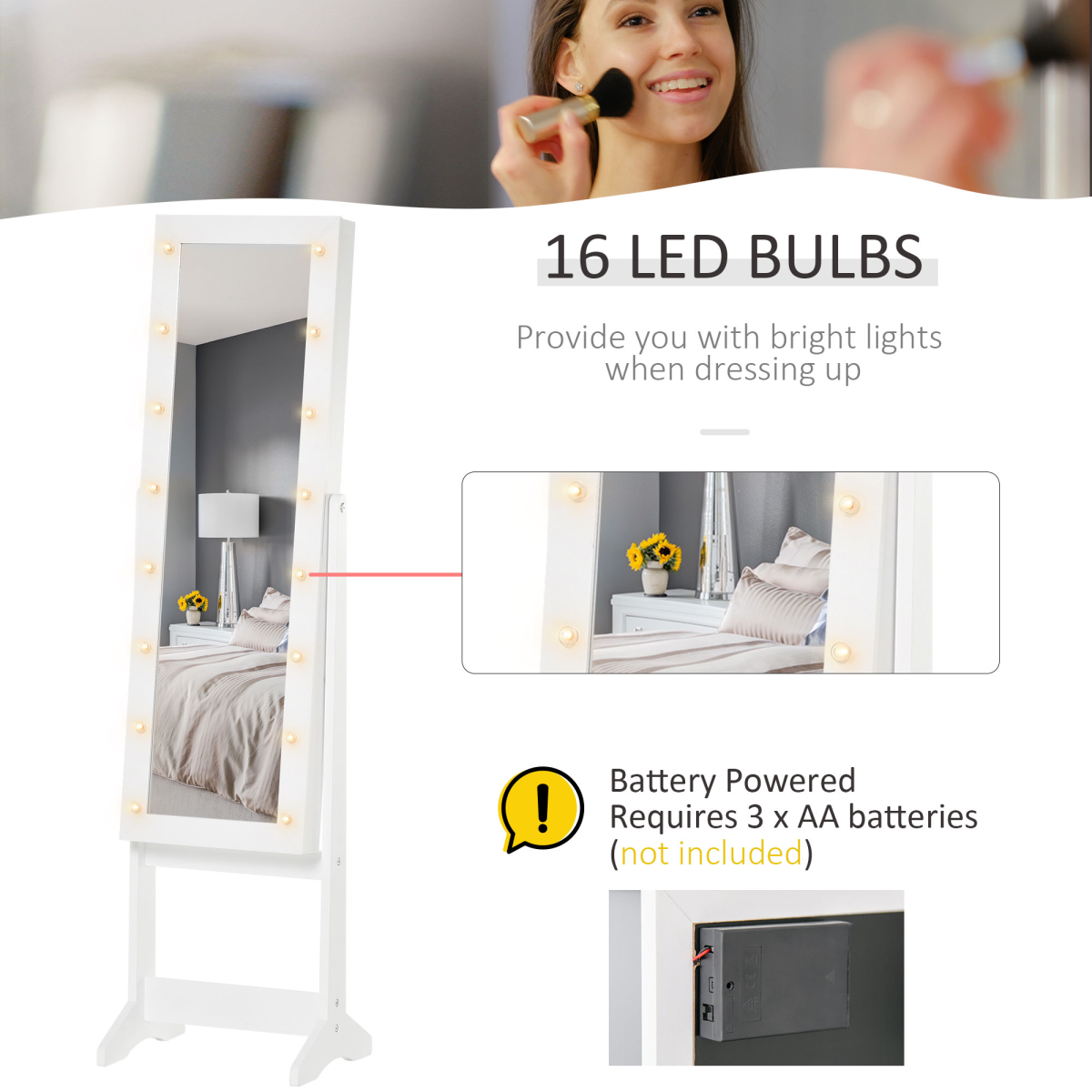 HOMCOM LED Mirrored Jewellery Cabinet with Full-Length Adjustable Mirror, Jewellery Storage Organizer, White, 36 x 30 x 136 cm