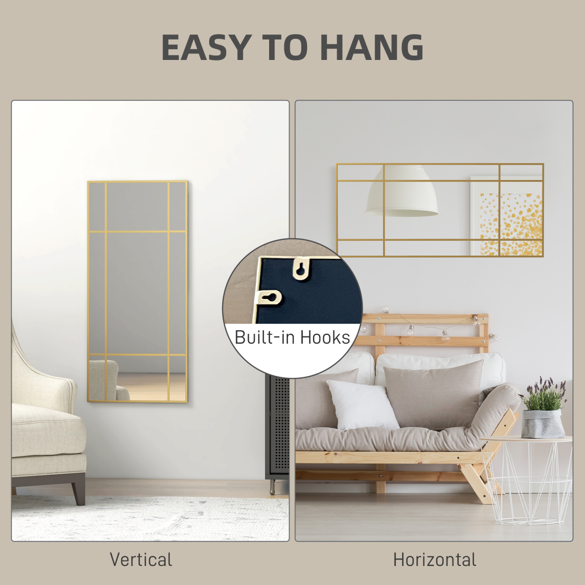 HOMCOM Window Style Wall Mirror 110 x 50cm, Gold Tone