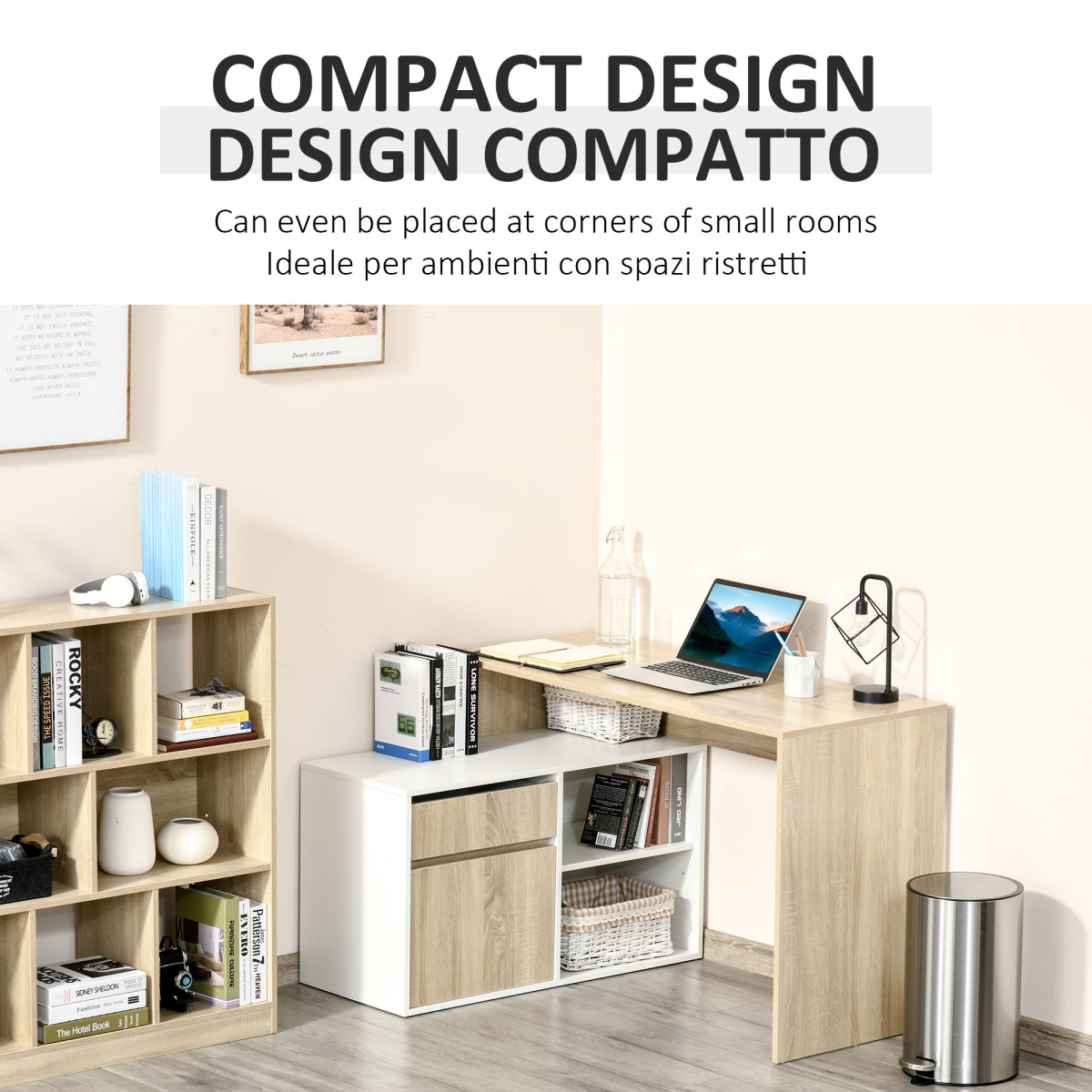 HOMCOM L-Shaped Corner Computer Desk with Cabinet, Drawer and Shelves, Oak and White
