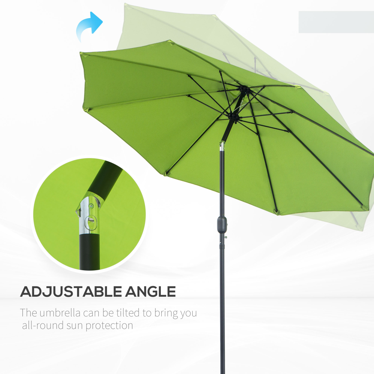 Outsunny 2.65m Patio Sun Umbrella Parasol with Tilt Canopy, Crank Handle, Powder Coated Aluminium Pole, Light Green