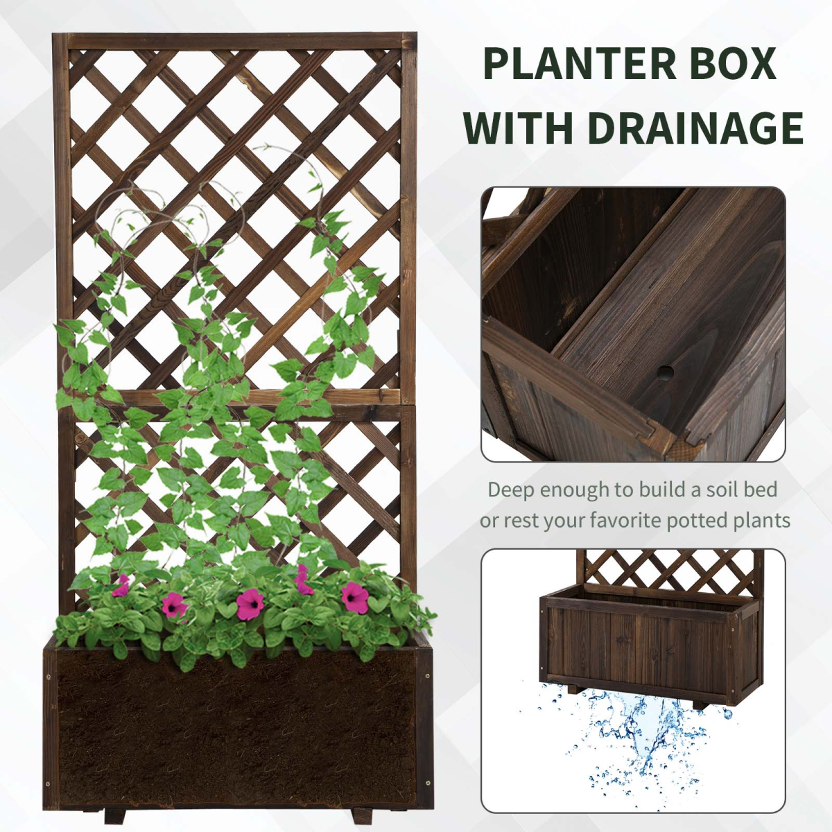 Outsunny Wooden Fir Wood Trough Planter with Trellis for Climbing Plants