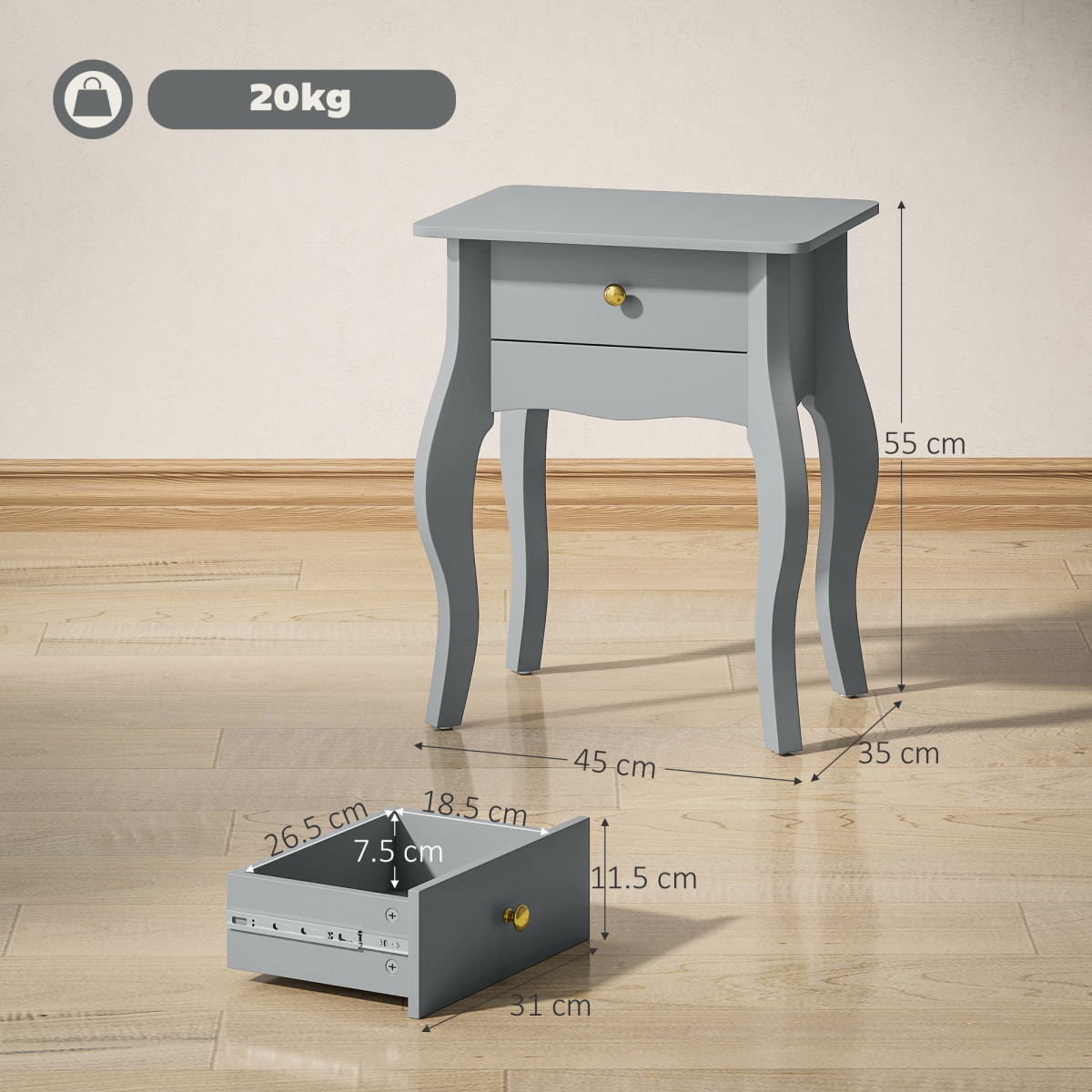 HOMCOM French Style Grey Side Table with Drawer, Curved Legs