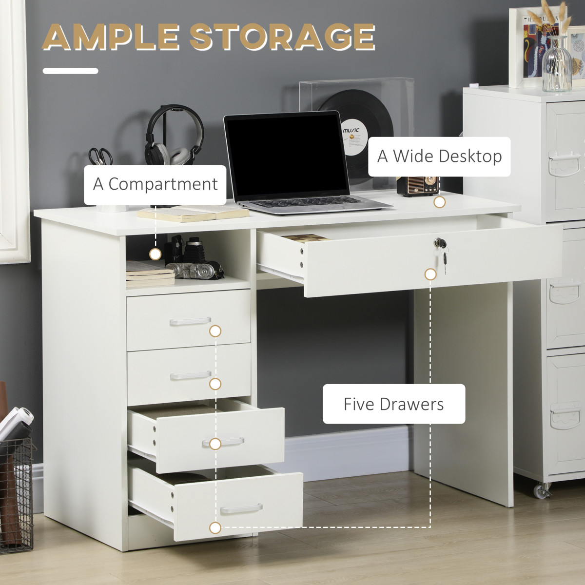 White Computer Desk with 5 Drawers and Locking Drawer
