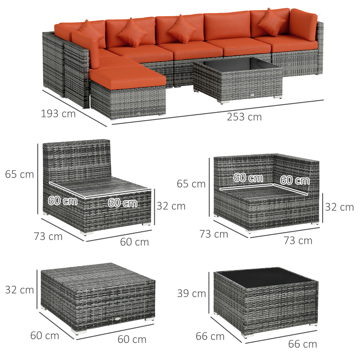 Outsunny 8-Piece Patio Rattan Furniture Set with Cushions, Orange
