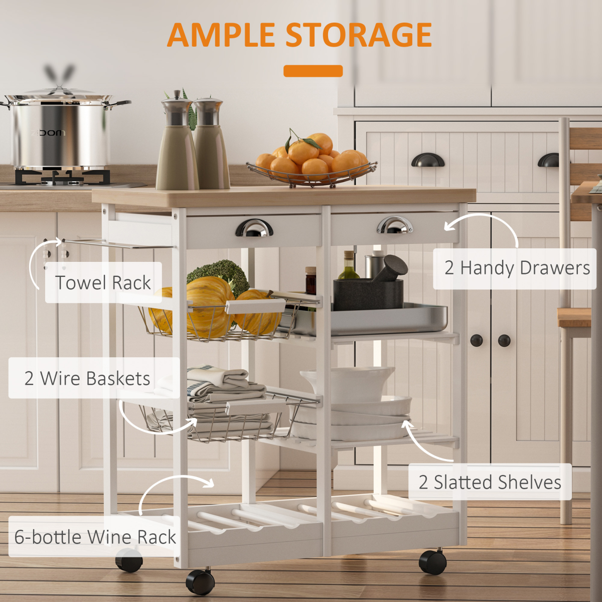 HOMCOM Kitchen Island with 2 Drawers, Pull-Out Shelves, Wire Baskets, Wine Rack and Wheels, 74 x 37 x 76 cm, White
