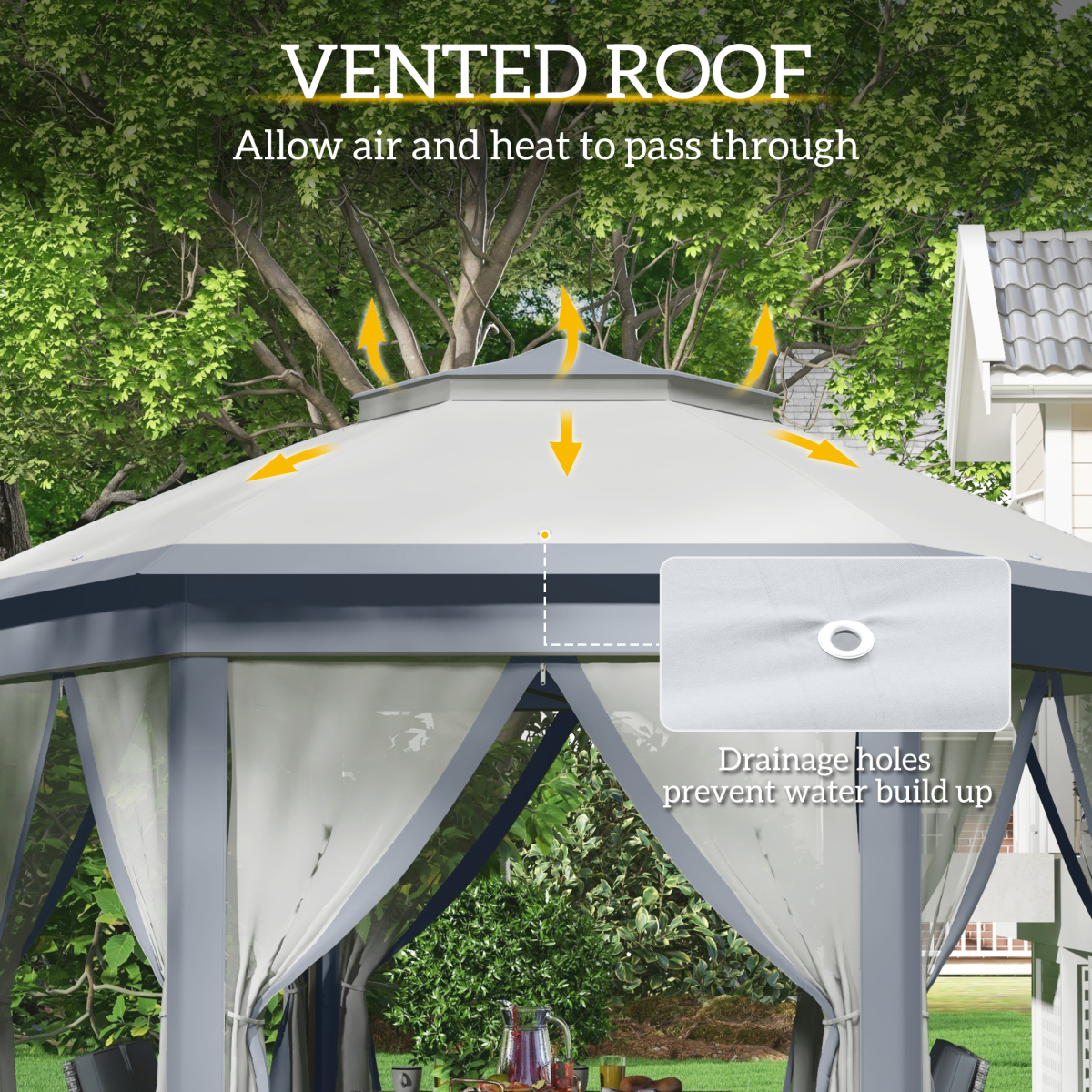 Outsunny Hexagon Pop Up Gazebo with Double Roof and Mesh Curtains, 4m x 4m, Grey