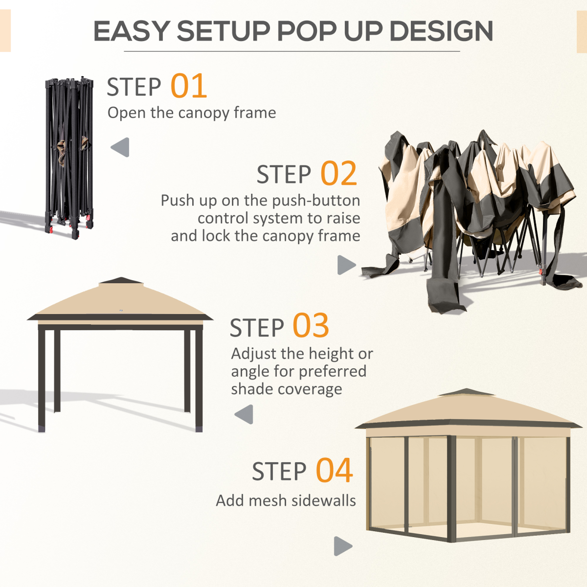 Outsunny Pop Up Gazebo, Height Adjustable Canopy Tent with Carrying Bag, Beige