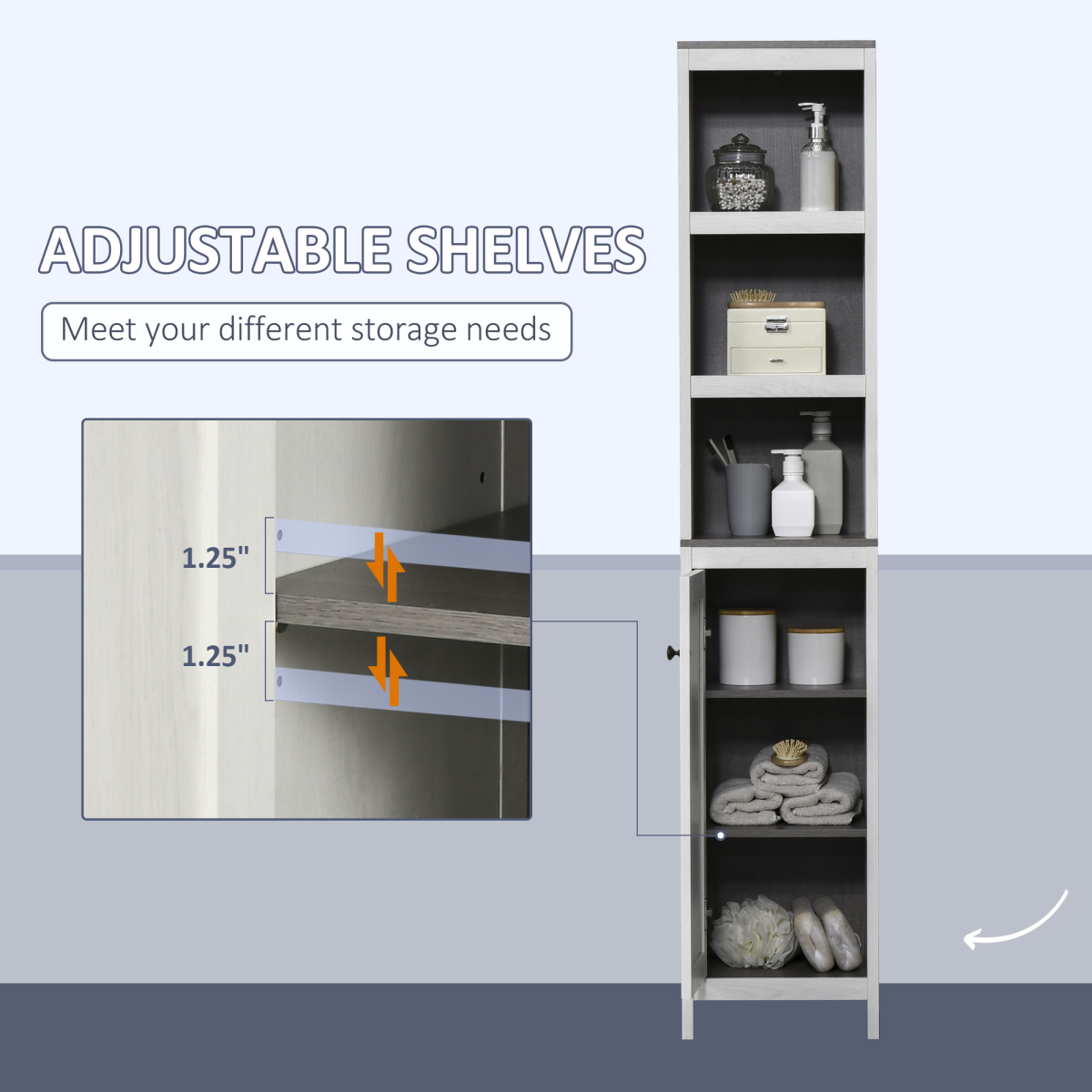 Slim Tall White Bathroom Linen Tower with Adjustable Shelf