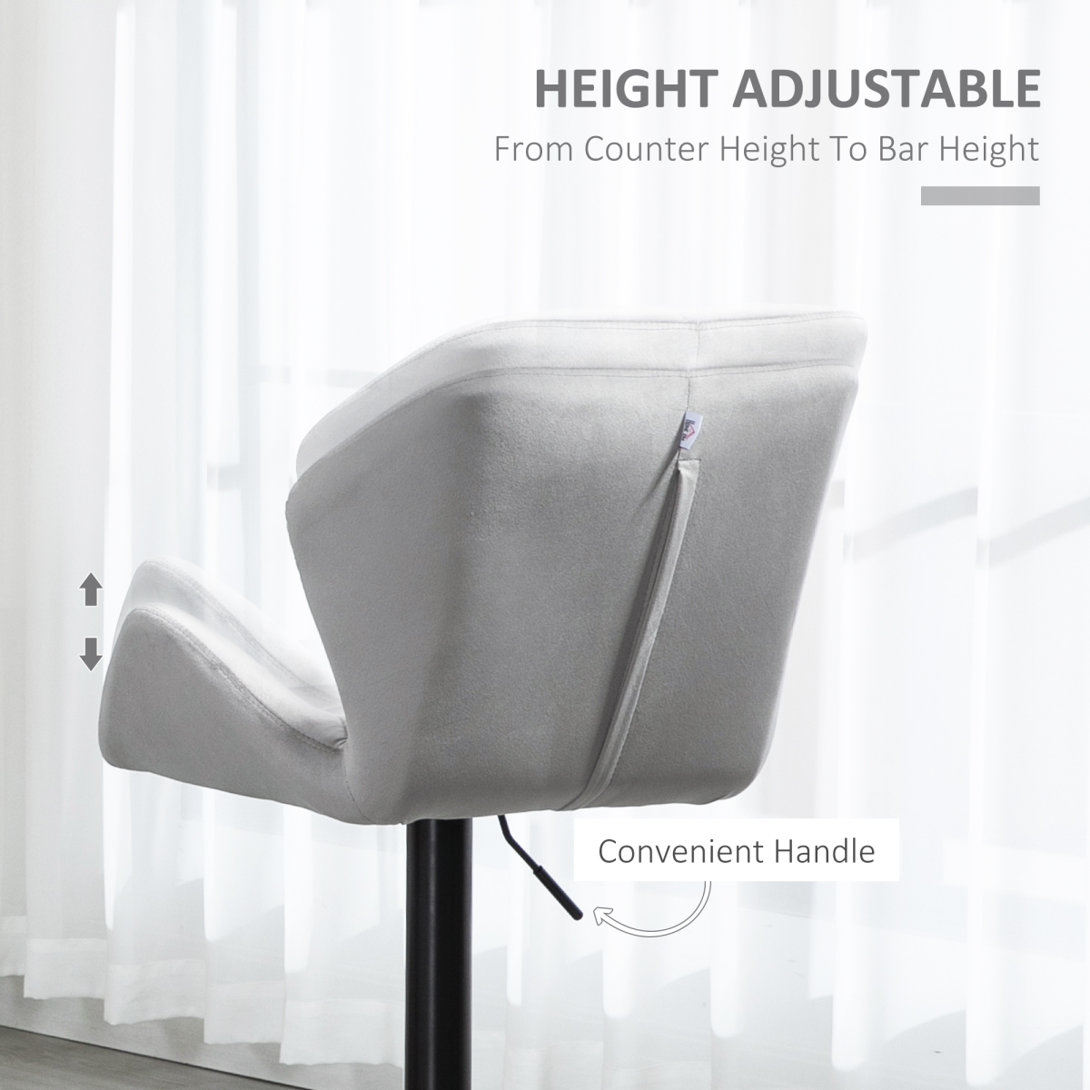 HOMCOM Set of 2 Grey Velvet-Feel Adjustable Bar Stools