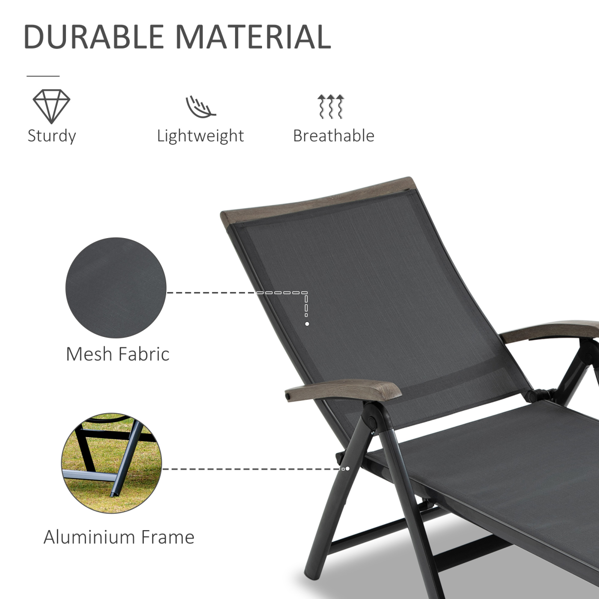 Outsunny Folding Adjustable Sun Lounger Chaise Lounge Chair, Mesh Fabric, Powder-Coated Aluminium Frame
