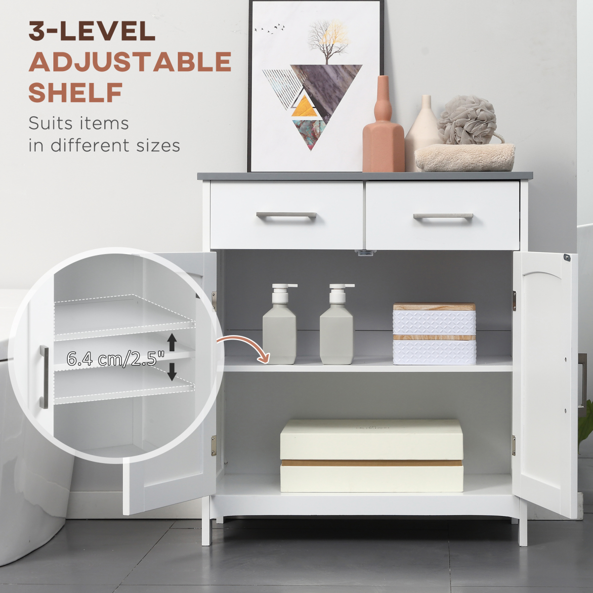 Freestanding Bathroom Storage Cabinet with 2 Drawers, 2 Doors and Adjustable Shelf