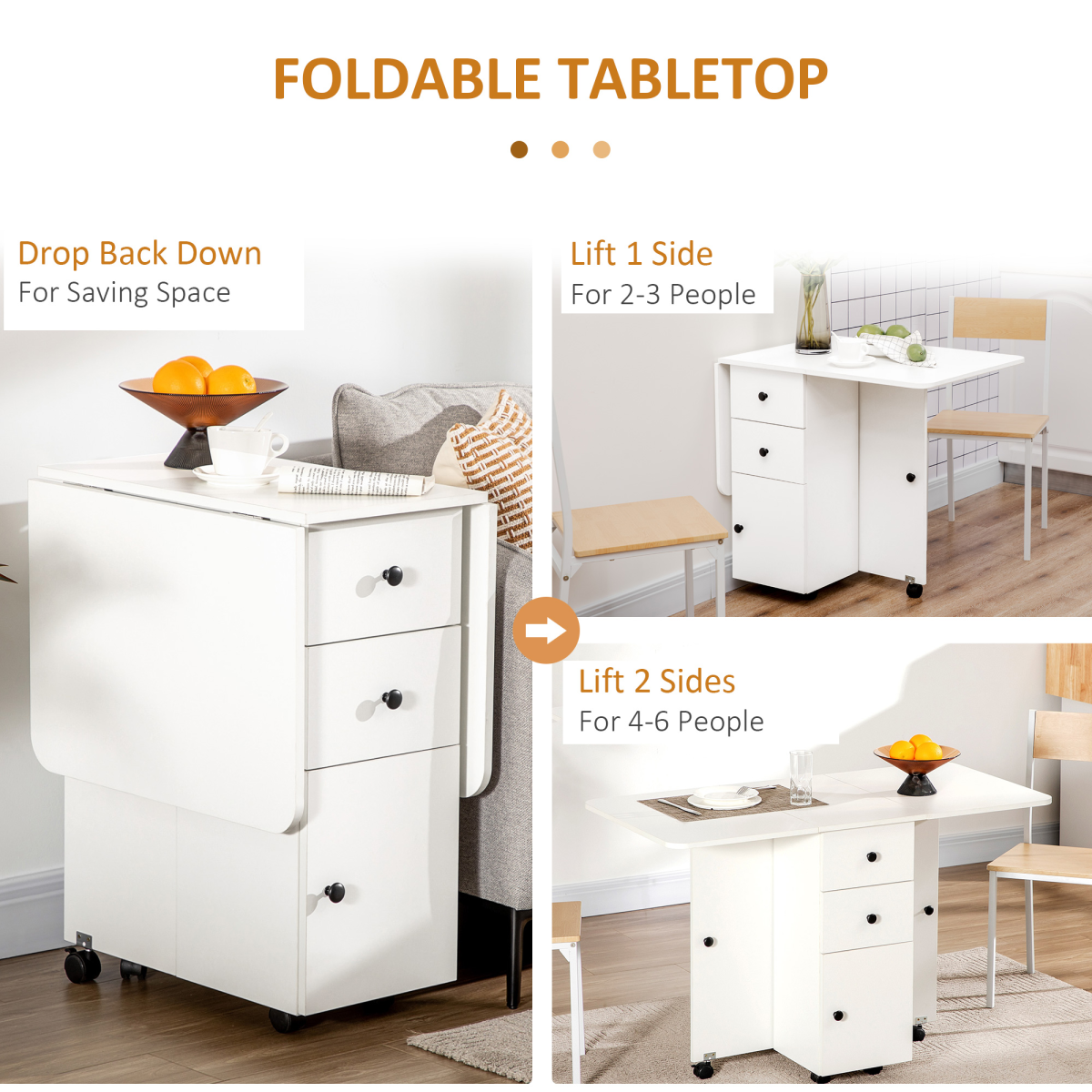 HOMCOM White Folding Drop Leaf Dining Table with Storage Drawers