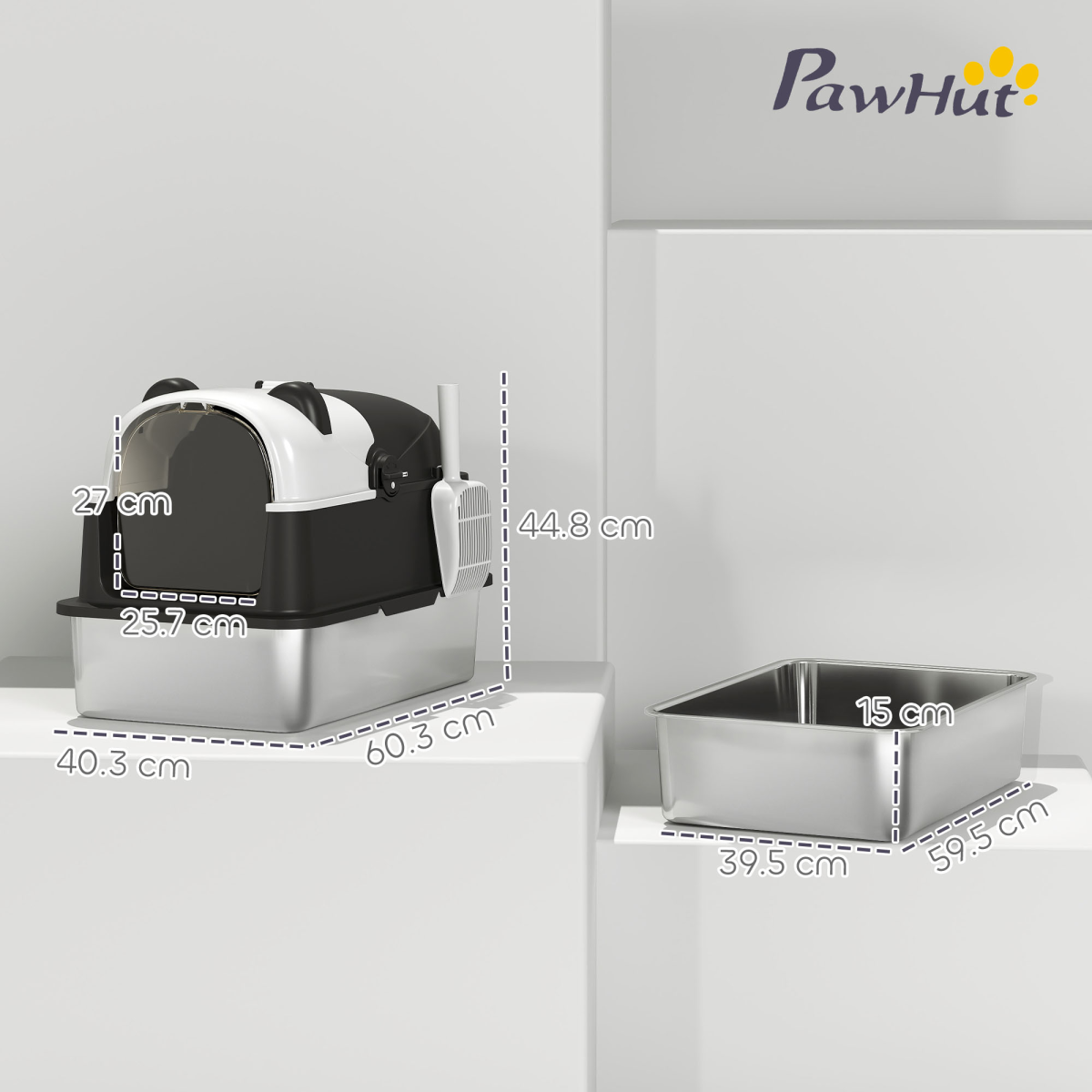 PawHut XL Stainless Steel Enclosed Cat Litter Box with Lid, Panda Style