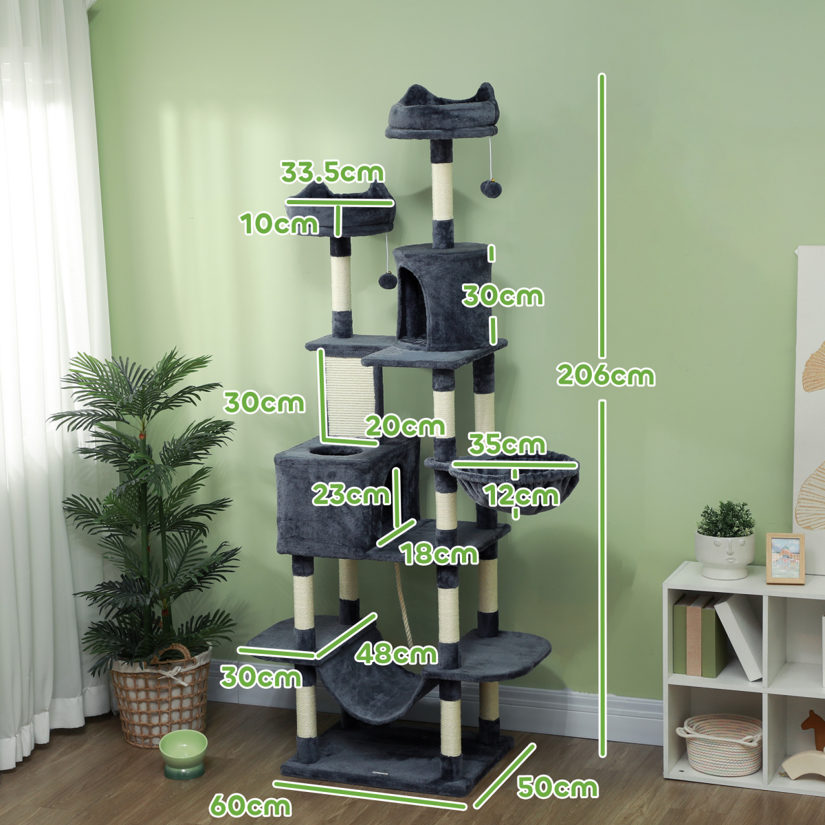 PawHut 206cm Tall Cat Tree with Beds, Condos, Scratching Posts