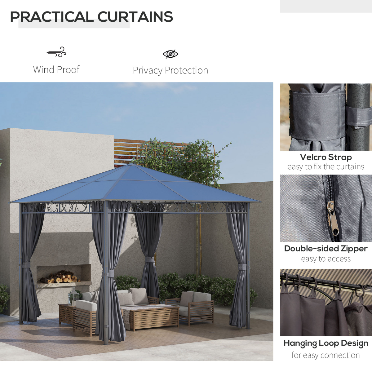 Outsunny 3 x 3m Hardtop Gazebo with Polycarbonate Roof & Curtains