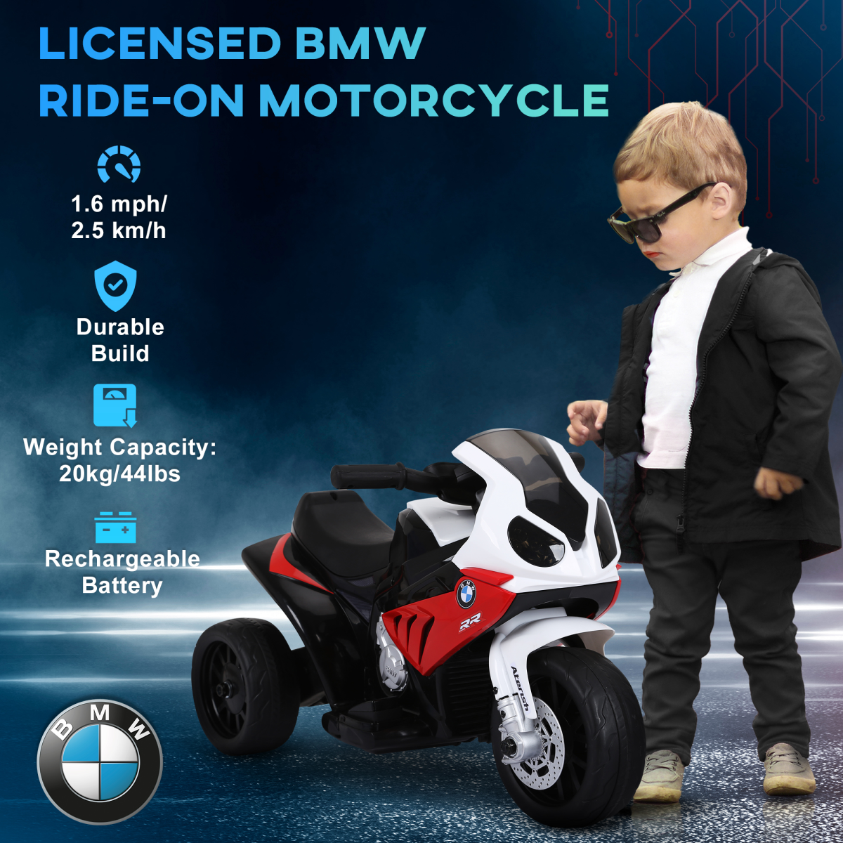 HOMCOM Electric Kids Ride On Motorcycle, BMW Licensed, Headlights, Music and Lights, 18-36 Months