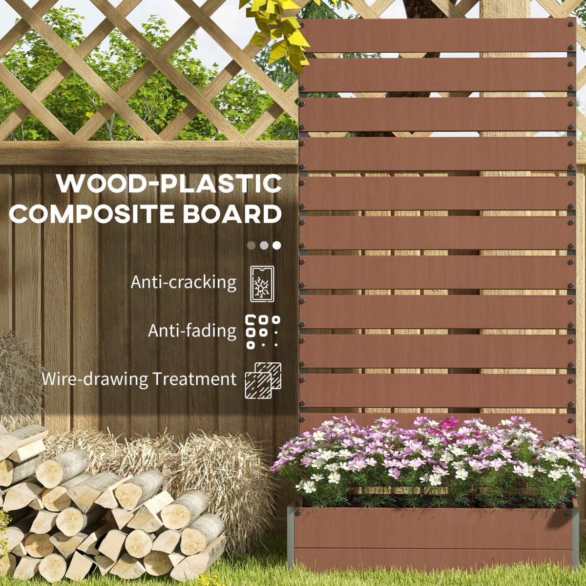 Outsunny Raised Garden Bed with Trellis, Standing Patio Planter Box, Wood-Plastic Composite, Light Brown