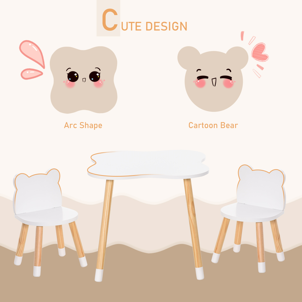 HOMCOM 3-Piece Kids Table and 2 Bear-Shaped Chairs Set, White