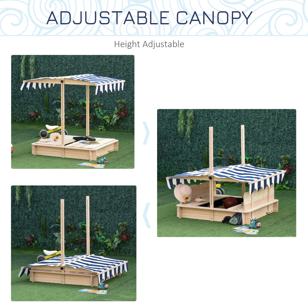 Outsunny Kids Wooden Sandpit with Adjustable Canopy and Benches