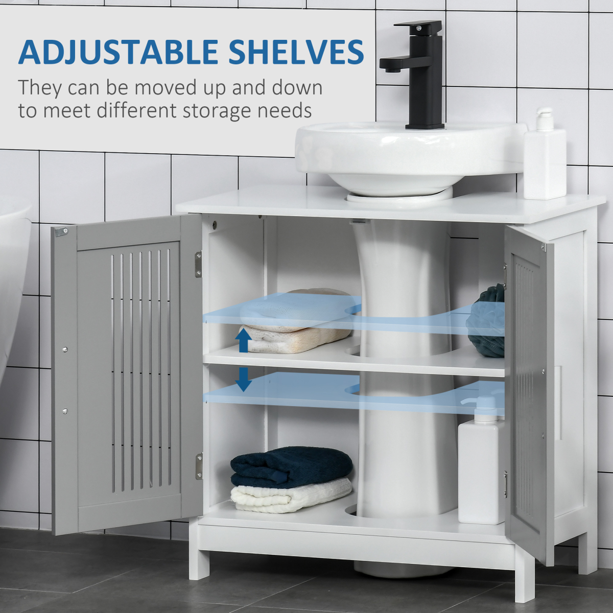 kleankin Modern Under Sink Bathroom Cabinet with 2 Doors, White Vanity Unit, Movable Shelf