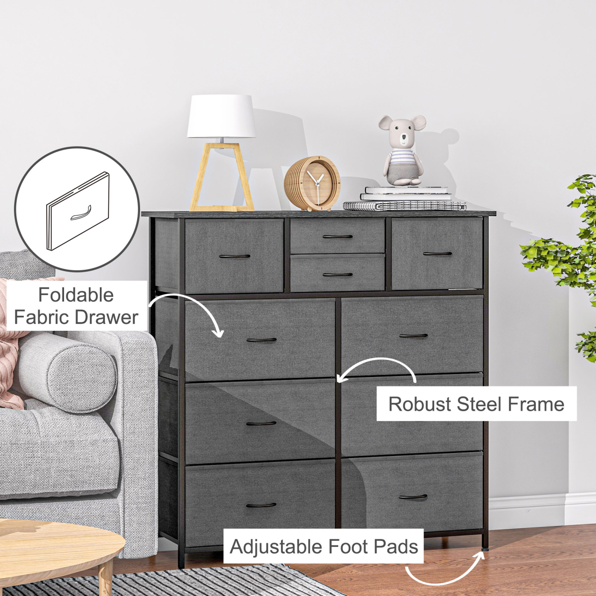 HOMCOM 10-Drawer Fabric Chest of Drawers, Black