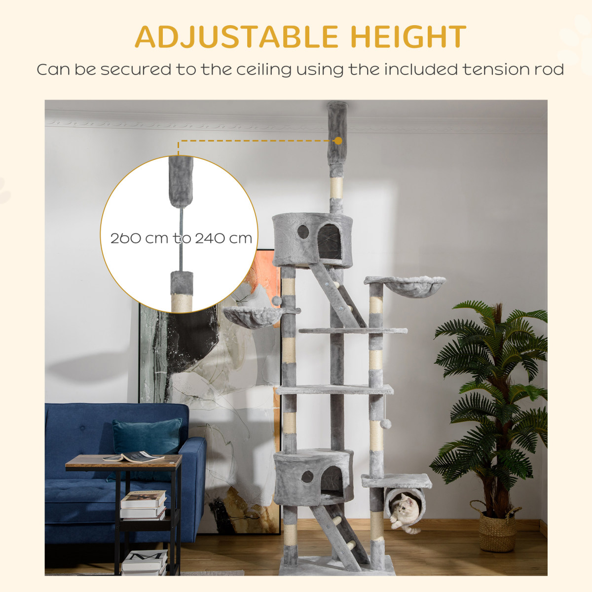 PawHut Adjustable 240-260cm Floor to Ceiling Cat Tree with 2 Cat Houses, 2 Ramps, 2 Hammocks, Tunnel, Toy Balls and Scratching Posts