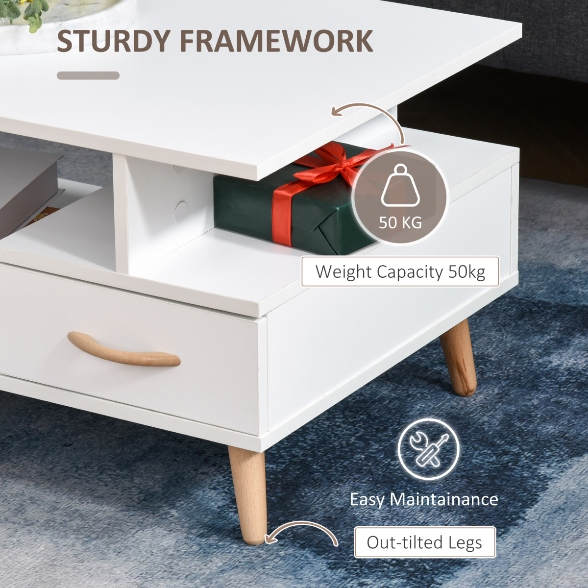HOMCOM Coffee Table with Storage, White Sofa Side Table with Cabinet, Drawer and Shelf