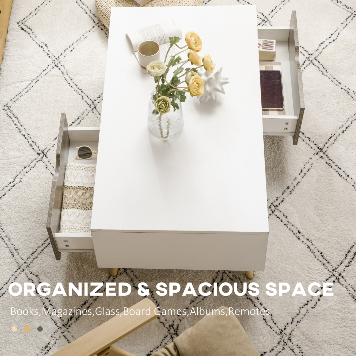 Modern White Coffee Table with Storage Shelves and 2 Drawers
