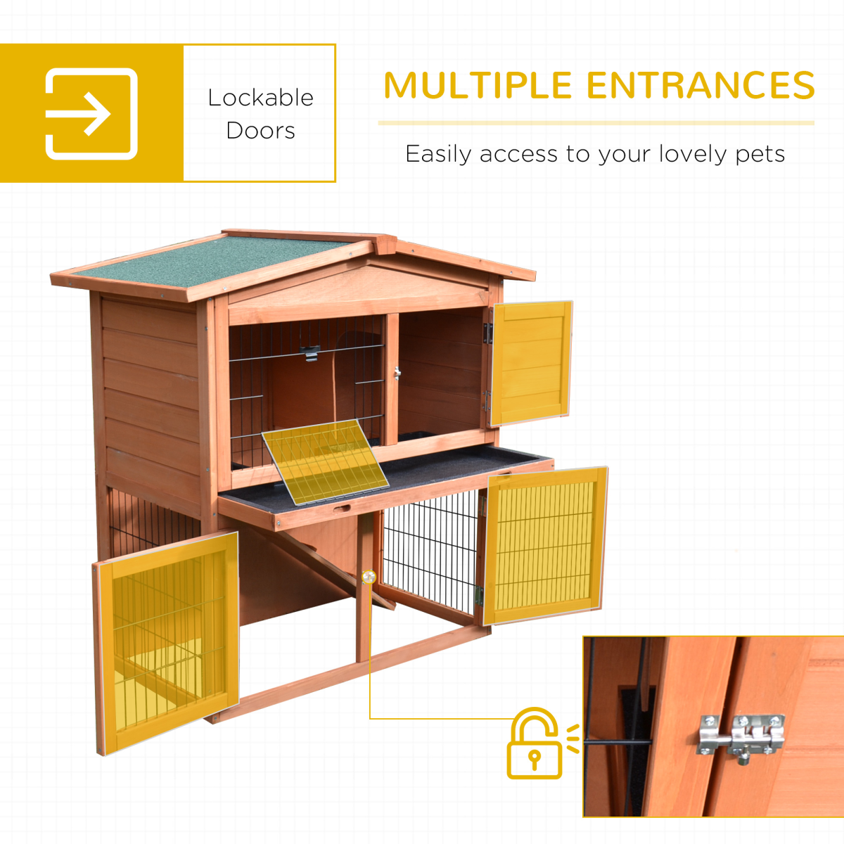 PawHut A-Frame Wooden Rabbit Hutch, 2-Storey Small Animal House with Large Run Area, Removable Divider, Ramp, and Slide-Out Tray
