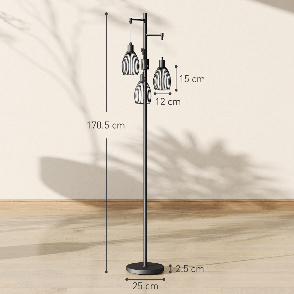 HOMCOM Industrial 3-Light Dimmable Floor Lamp, Black, 2700K