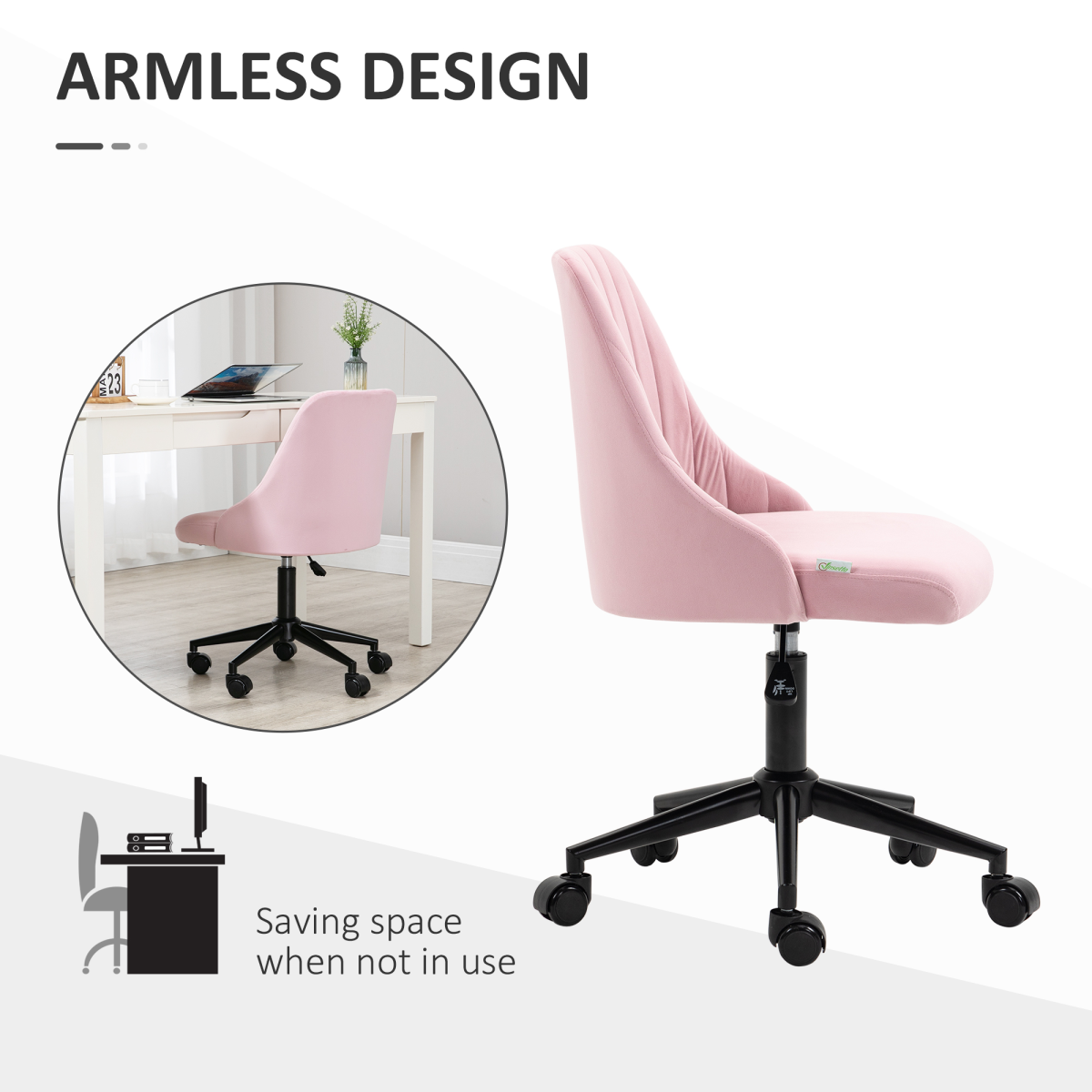 Vinsetto Pink Velvet Office Chair with Adjustable Height and Wheels