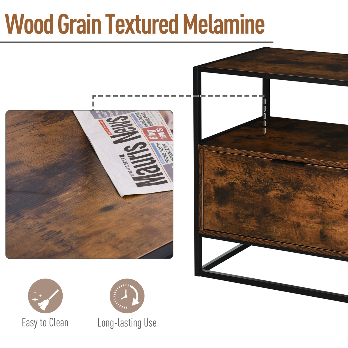 Industrial Style Side Table with Drawer and Open Shelf, Steel Frame Base, Chestnut Brown and Black