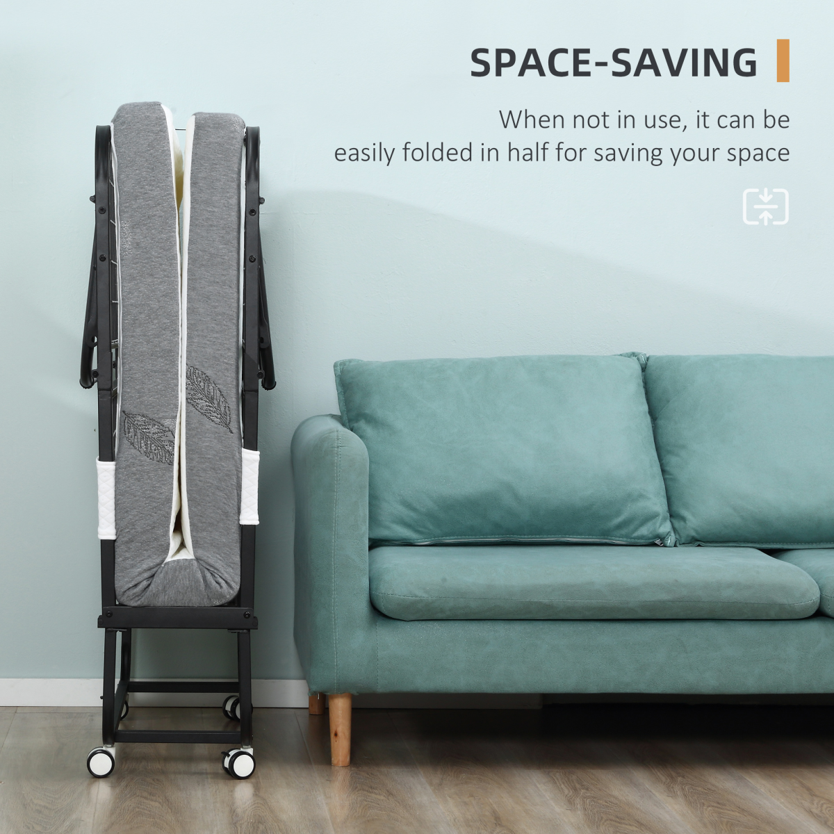 HOMCOM Folding Bed with 10cm Mattress, Portable Foldable Guest Bed, Metal Frame, 4 Wheels, 150kg Max Load