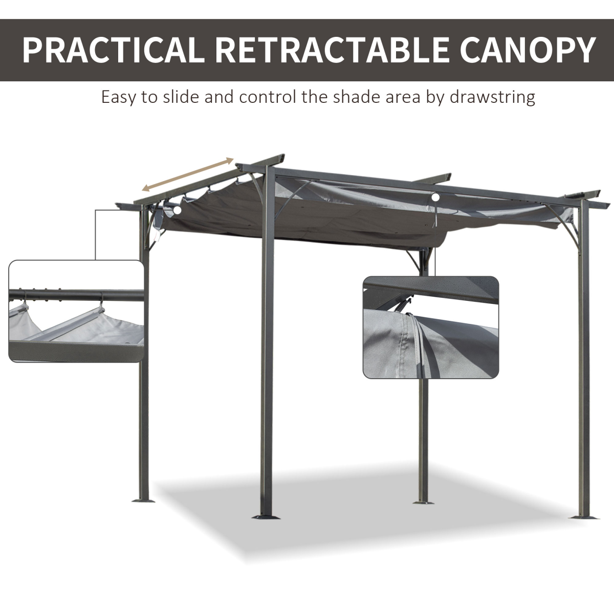 Outsunny 3 x 3 m Metal Pergola Gazebo with Retractable Grey Canopy