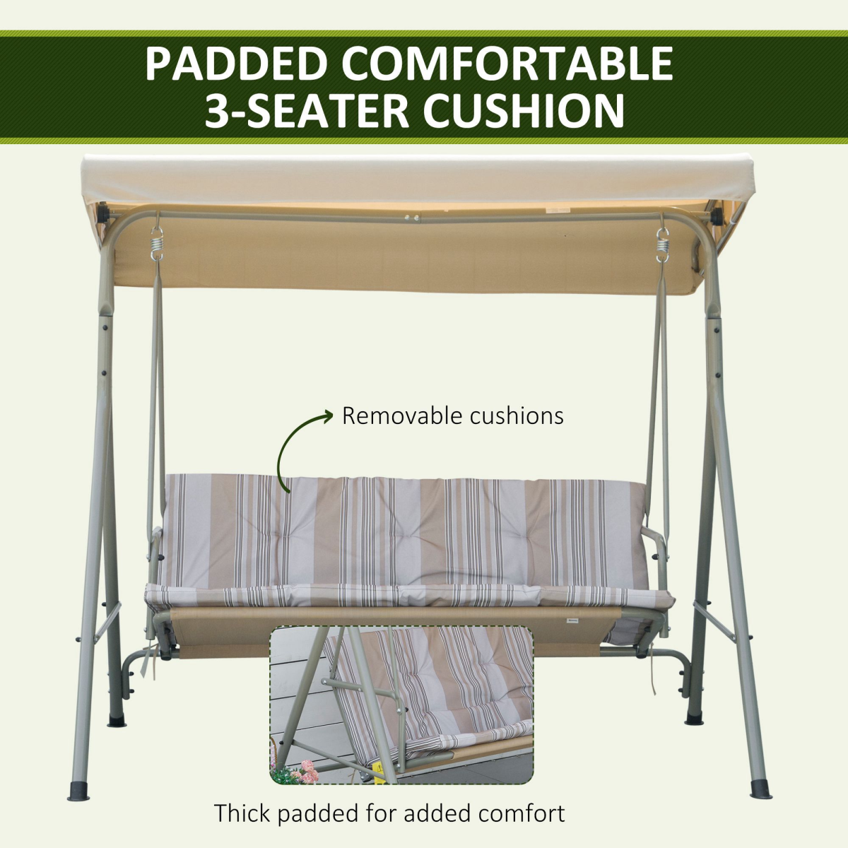 3 Person Porch Swing Chair Outdoor Lounge Bench Canopy Light Brown