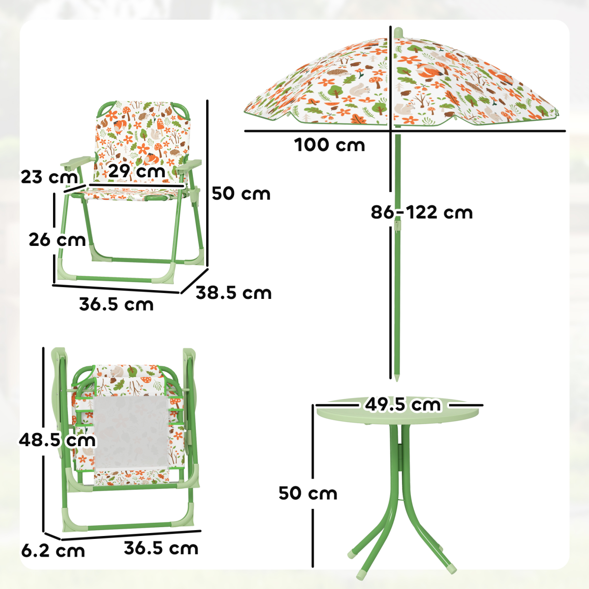 AIYAPLAY Kids 4-Piece Outdoor Furniture Set, Cute Fox Design, Adjustable Parasol, Green