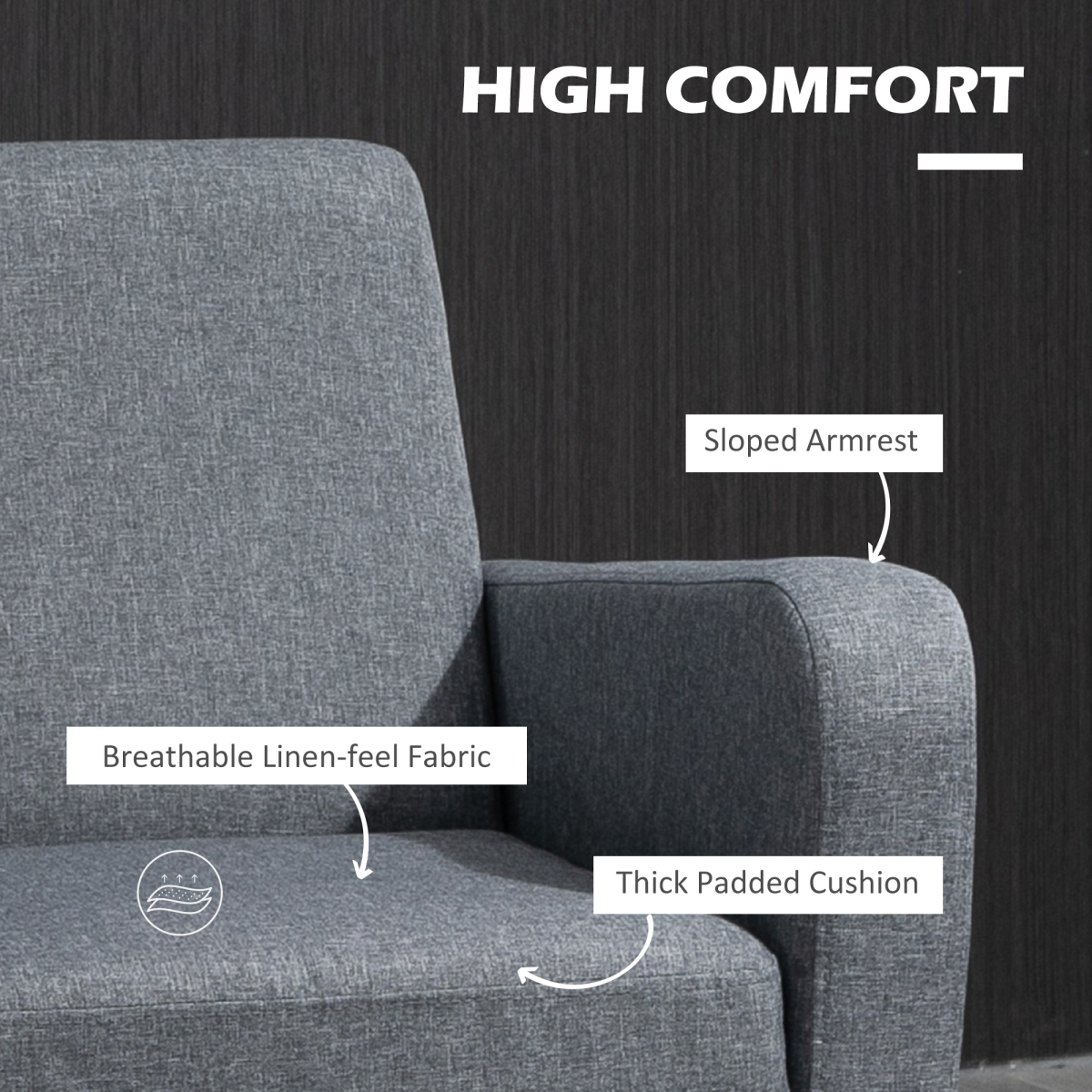 HOMCOM Modern Curved Linen Armchair with Thick Cushion and Wooden Legs, Grey