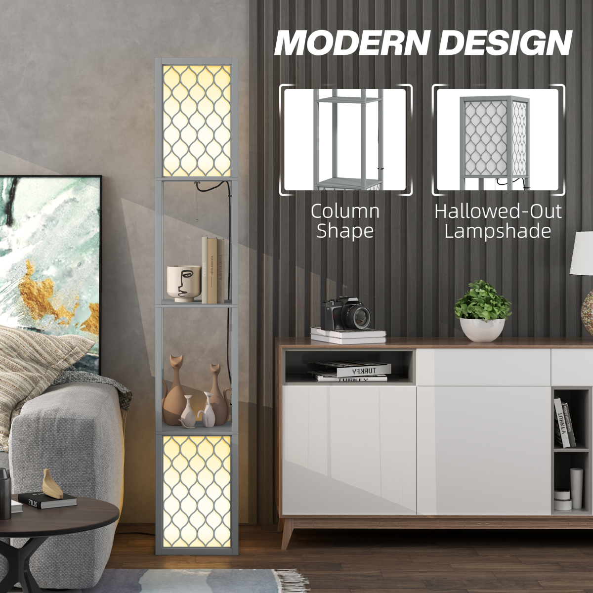 HOMCOM 2-Light Modern Floor Lamp with Shelves, Light Grey