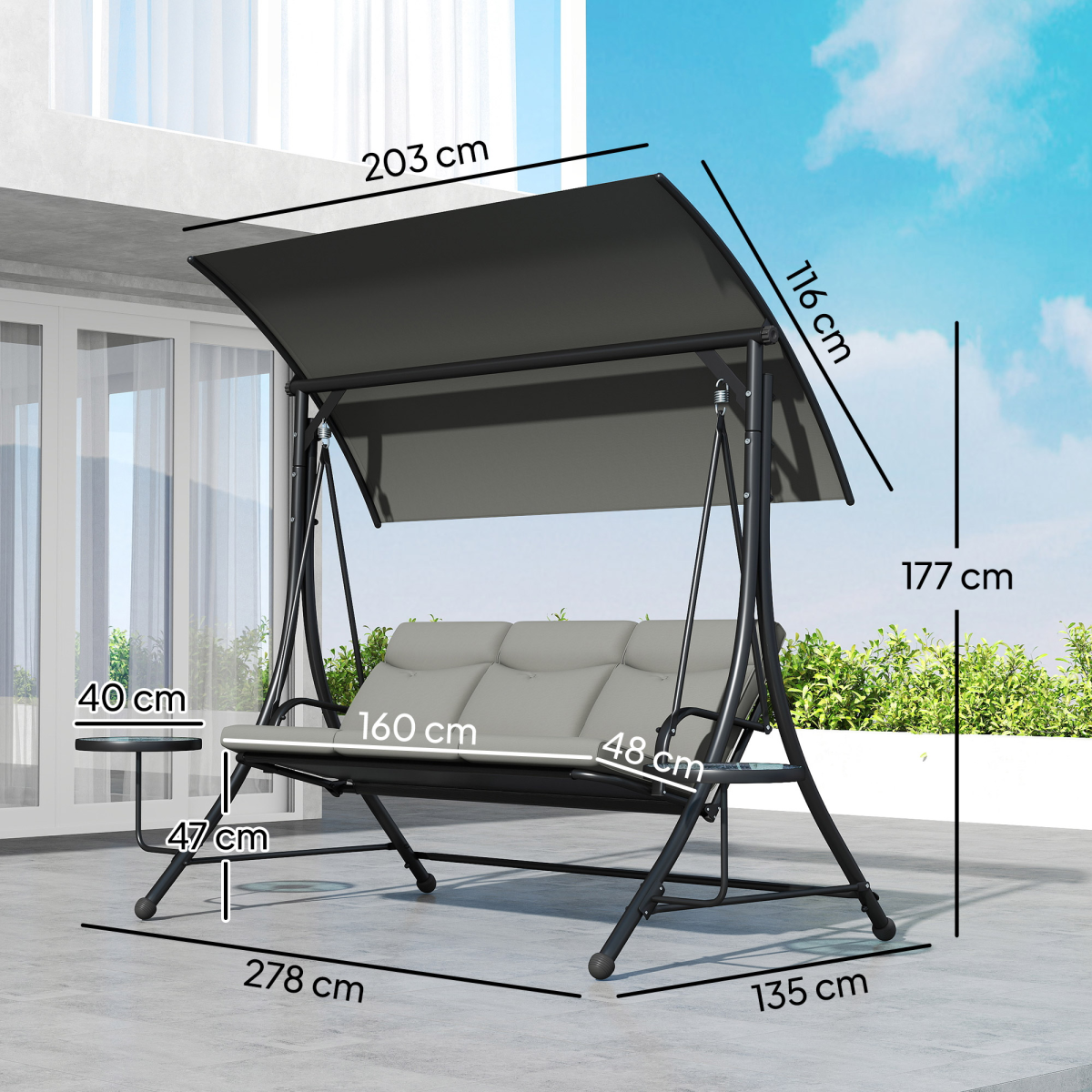 Outsunny 3-Seater Steel Garden Swing Chair with Adjustable Canopy