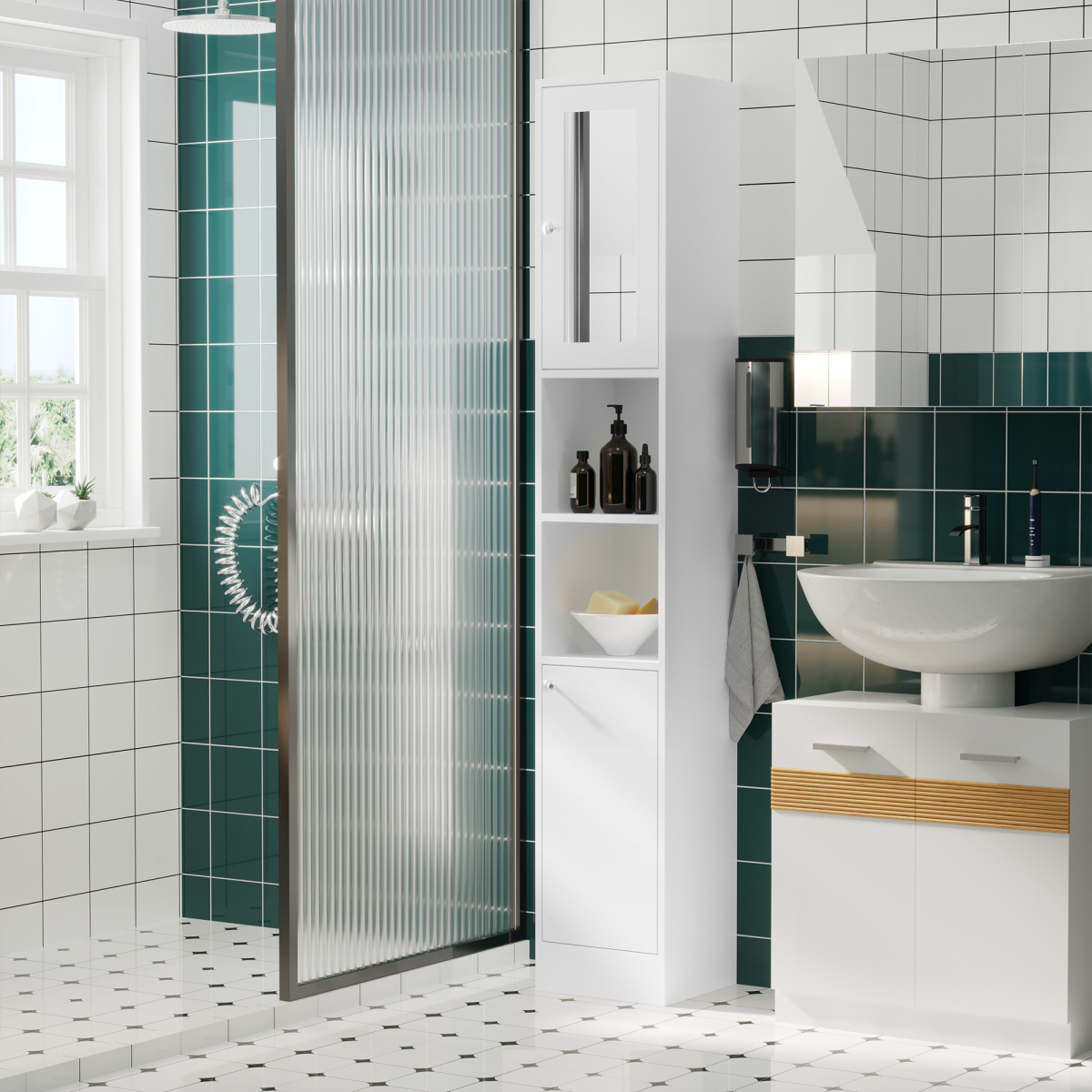 Bathroom Floor Storage Cabinet with Mirrored Door, 2 Cupboards and 2 Shelves, Tallboy Unit