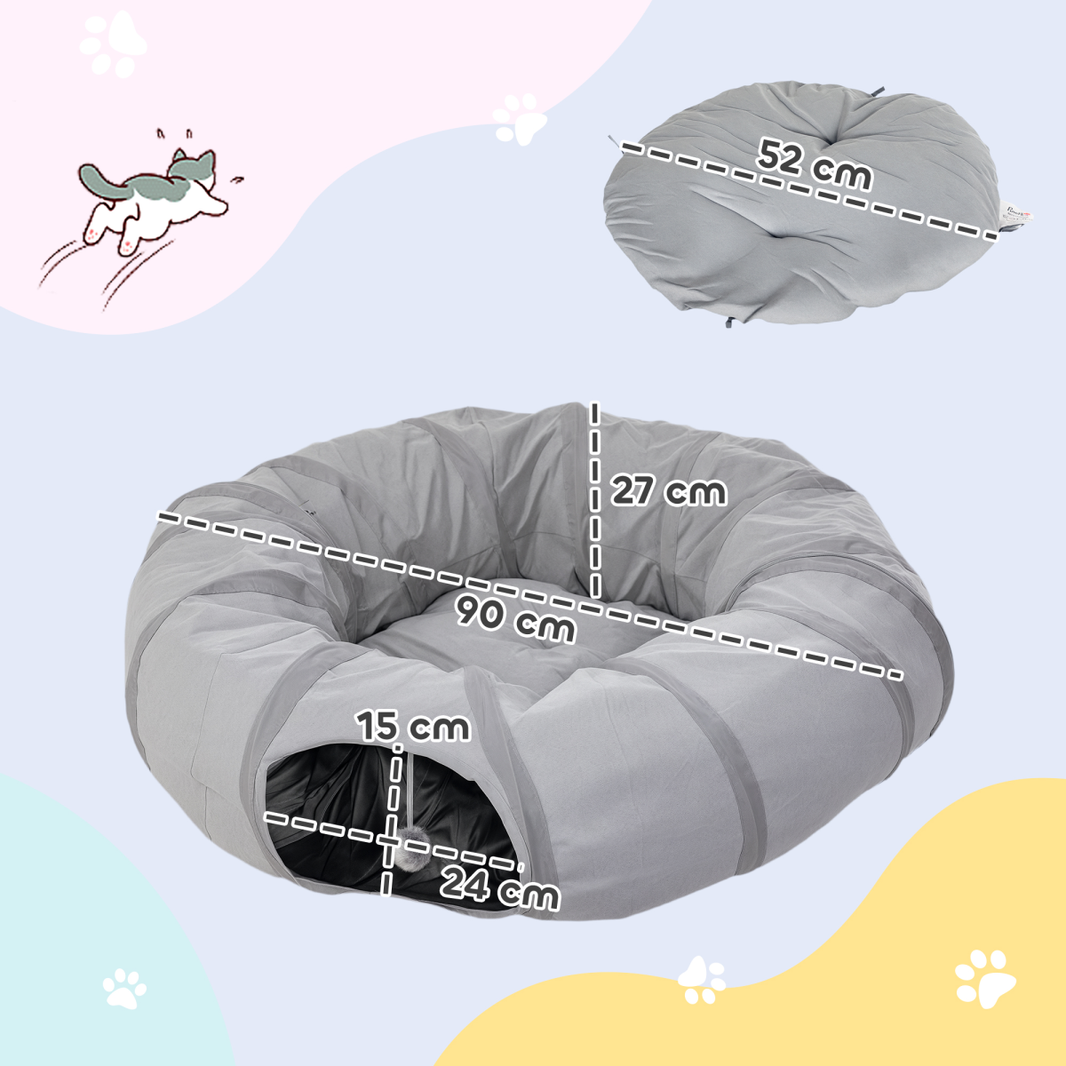 PawHut 2-in-1 Cat Tunnel Bed, Grey, Indoor Play Tunnel for Cats