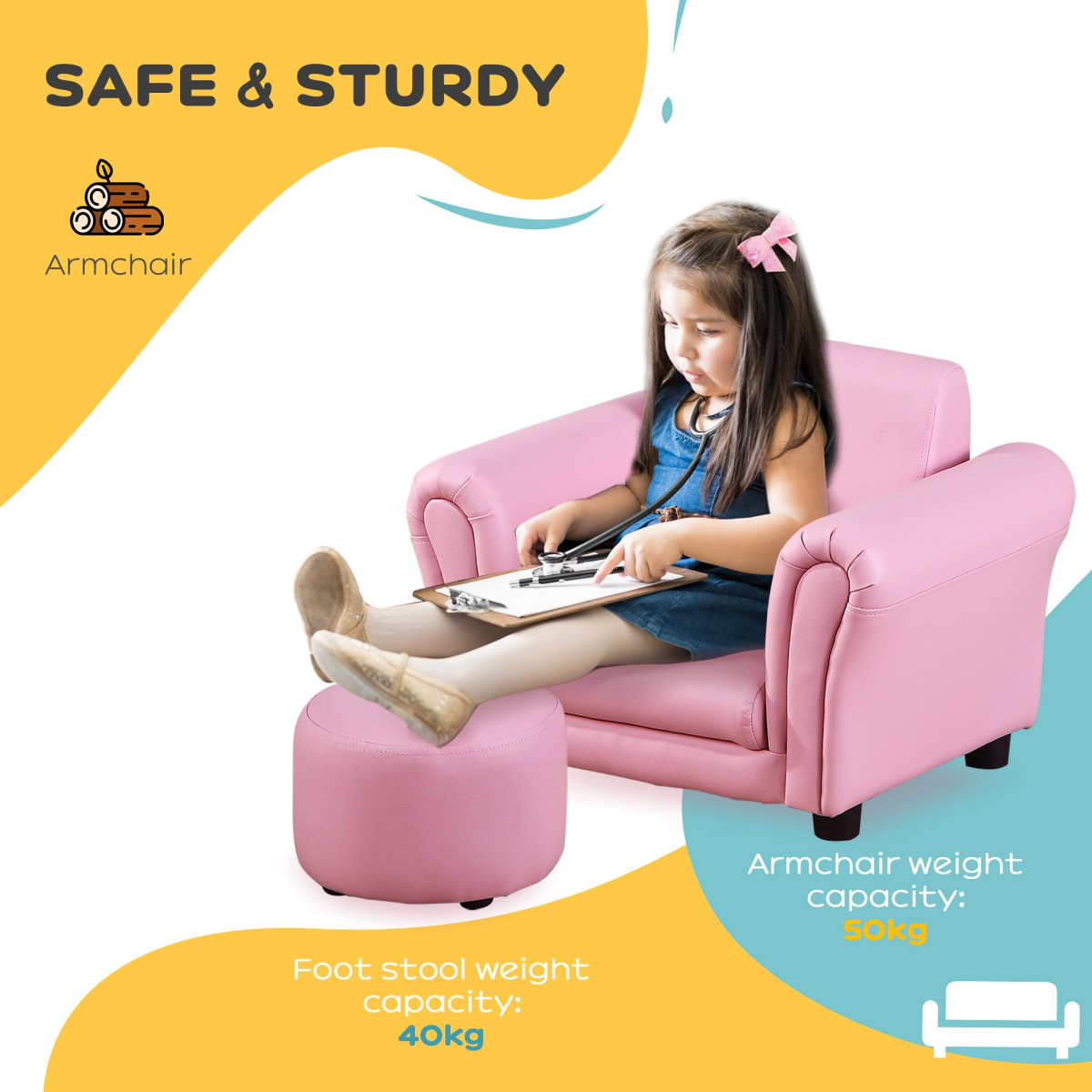 HOMCOM Kids Pink Sofa and Footstool Set, 18+ Months