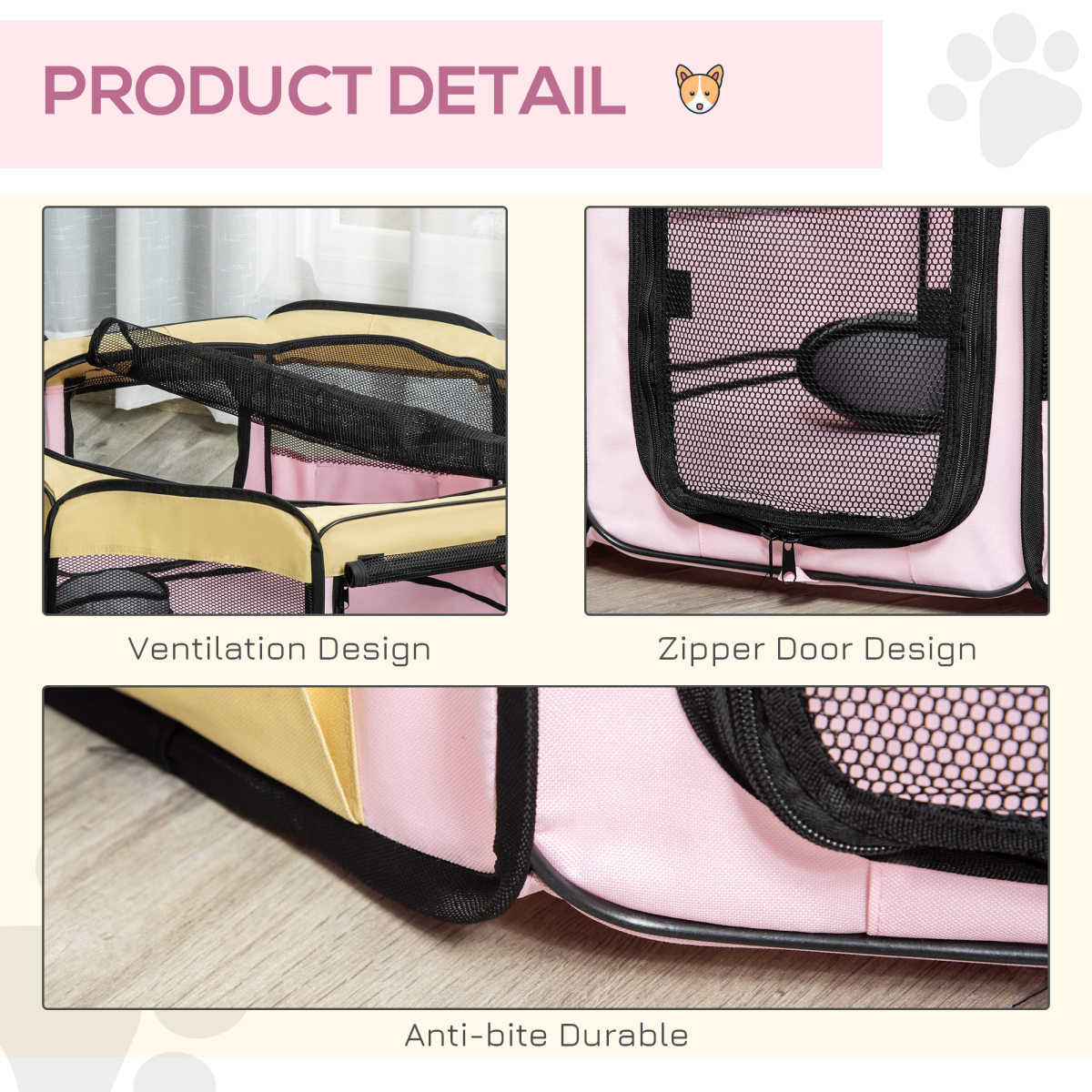 Portable Soft-Sided Fabric Pet Playpen with Mesh Panels, Waterproof Floor, Detachable Cover, and Carrying Bag
