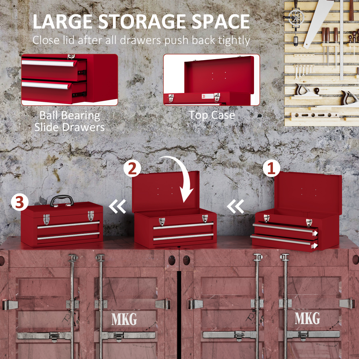 DURHAND Lockable 2-Drawer Steel Tool Chest with Ball Bearing Slides, Red
