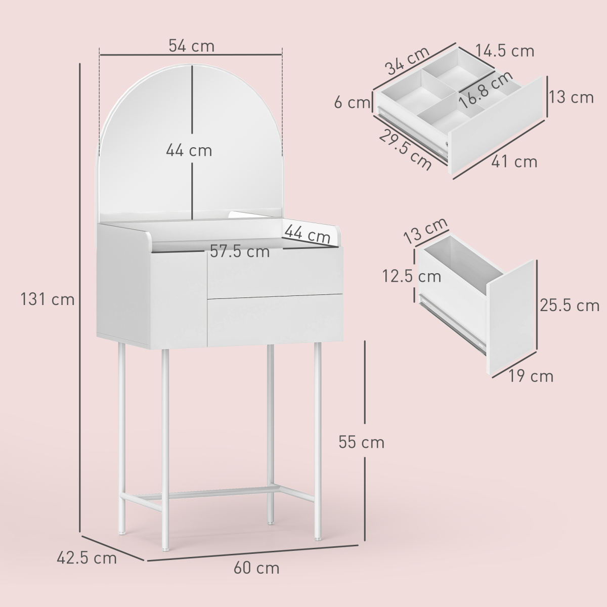 HOMCOM White Makeup Vanity Table with Mirror and 3 Drawers