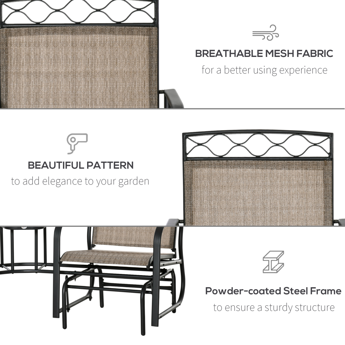 Outsunny 2 Seater Patio Rocking Chairs Set with Tempered Glass Table, Brown